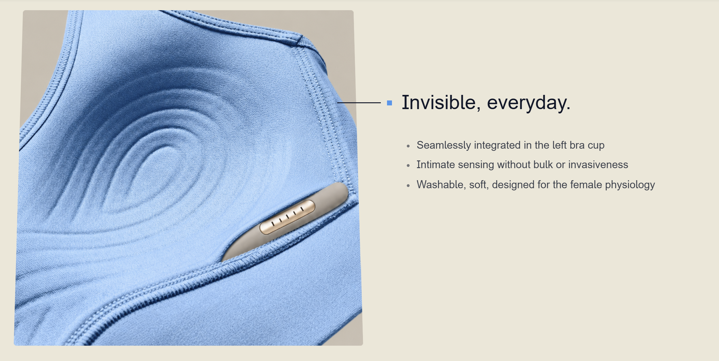 Braave wearable with a biological sensor seamlessly integrated into the left bra cup