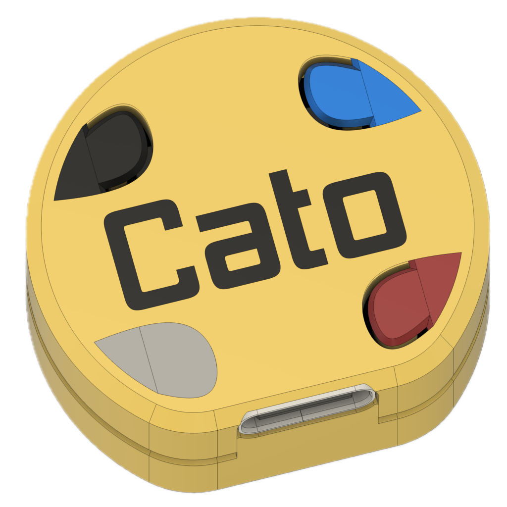 Cato assistive technology device - yellow rounded device with colored buttons