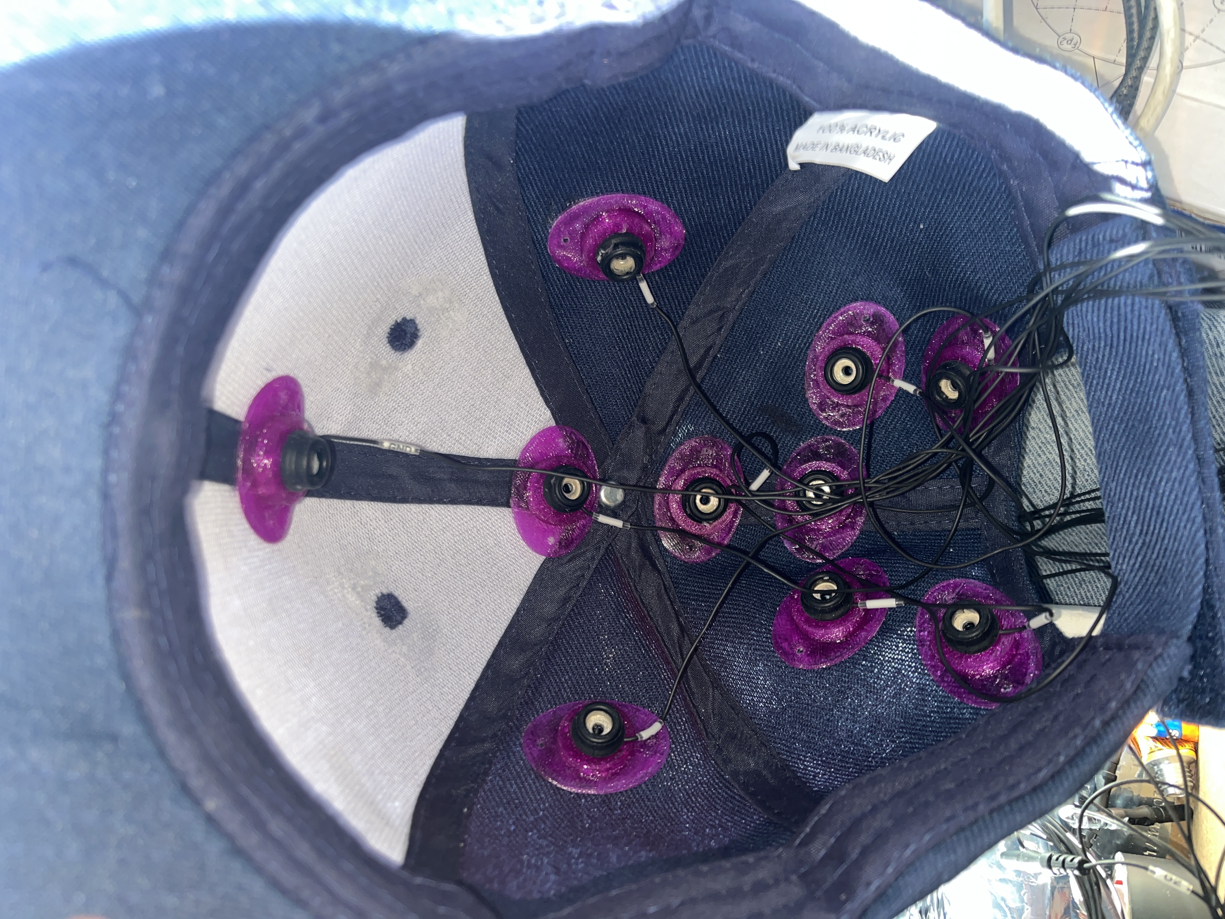 Interior view of EEG cap showing electrode placement and wiring