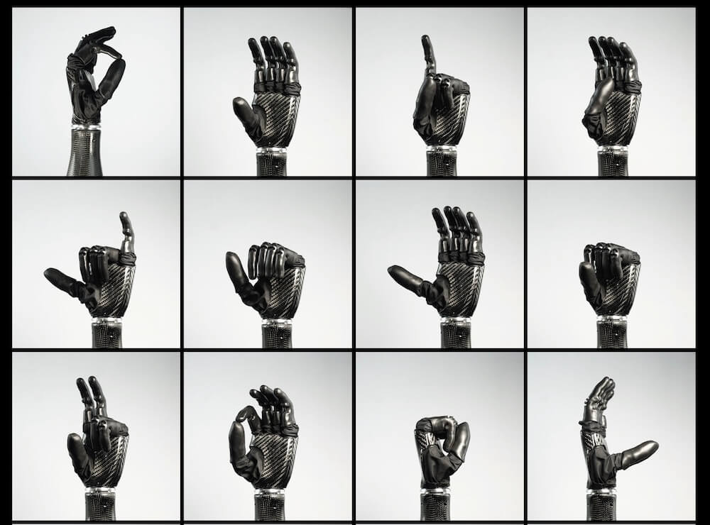 Grid showing 12 different hand positions and gestures possible with the Psyonic prosthetic hand