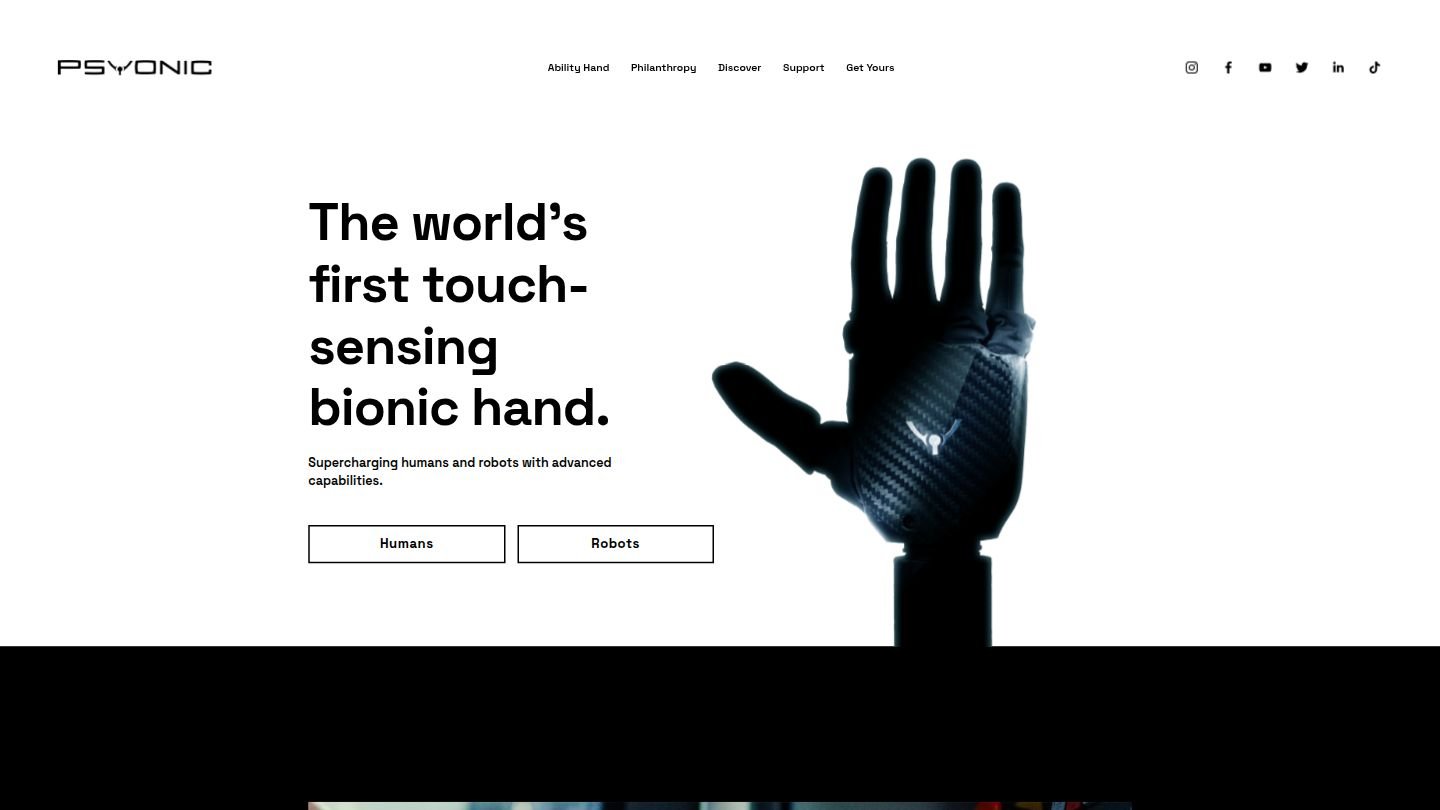Screenshot of Psyonic website showing their touch-sensing bionic hand