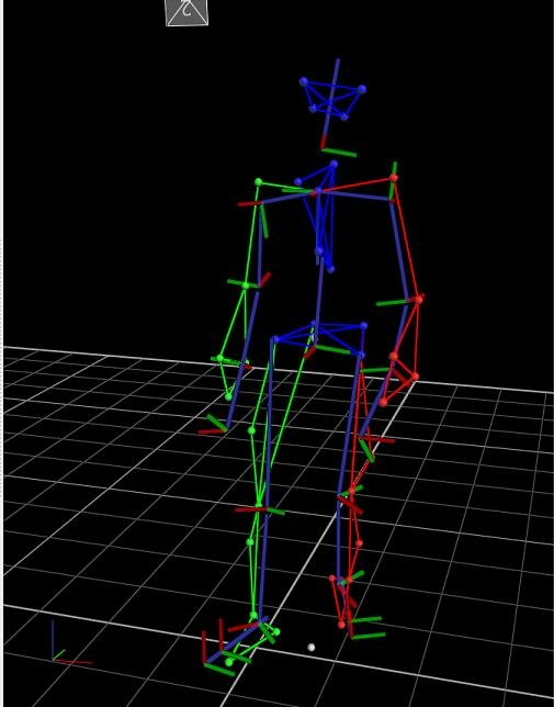 3D motion capture visualization showing human skeletal structure with colored markers and connecting lines on a grid background